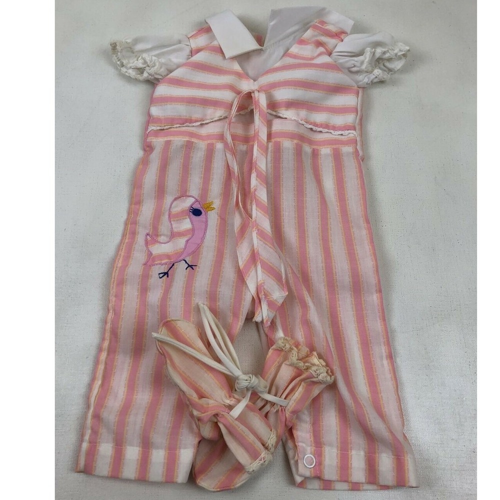 Vtg Pink White Stripe Bird Baby Romper with Mittens Easter Girlycore‎ Cute FLAW